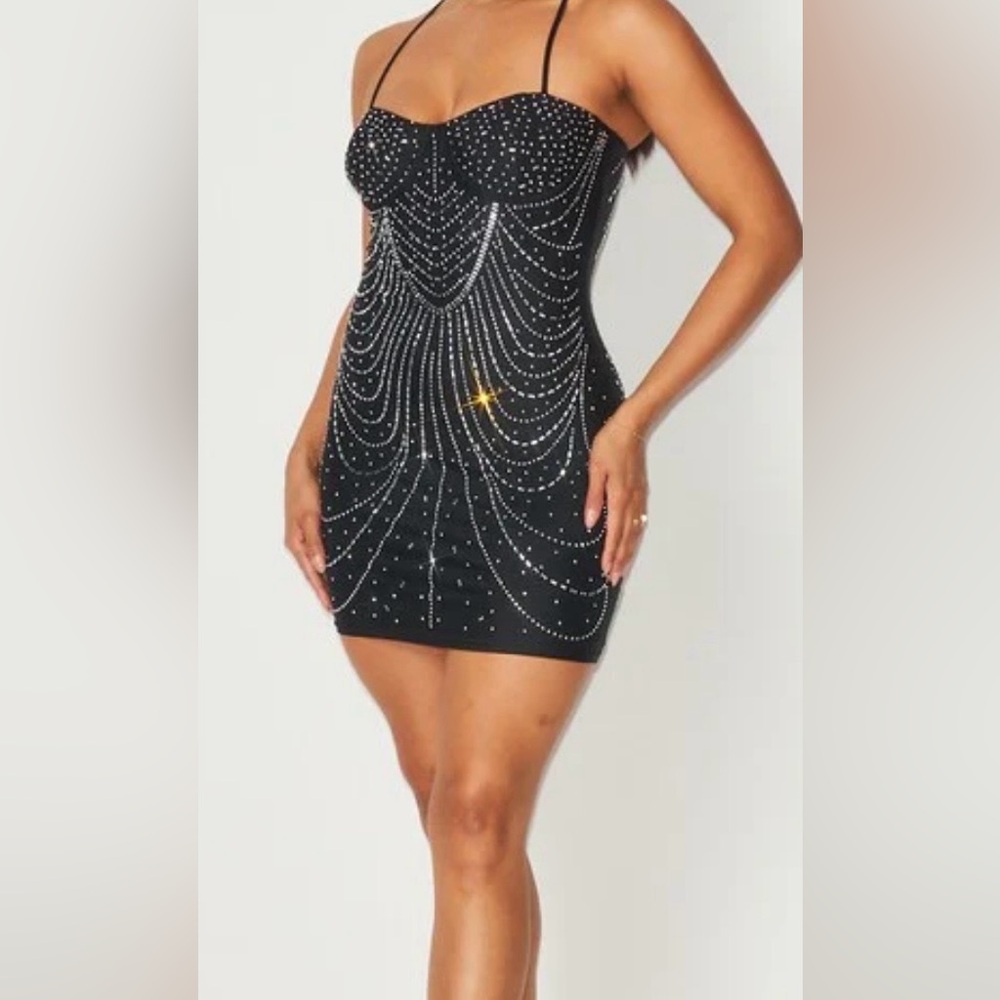 NYLON KNIT RHINESTONE STRAPLESS BODYCON DRESS